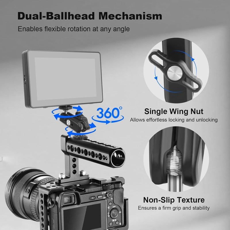 Mechrig Dual Ball Head Magic Arm Adapter with 1/4" Screw & Anti-Slip Grip - Aluminum Alloy Camera Rig Accessory for DSLR/Monitor/LED Light (67002) - Image 3